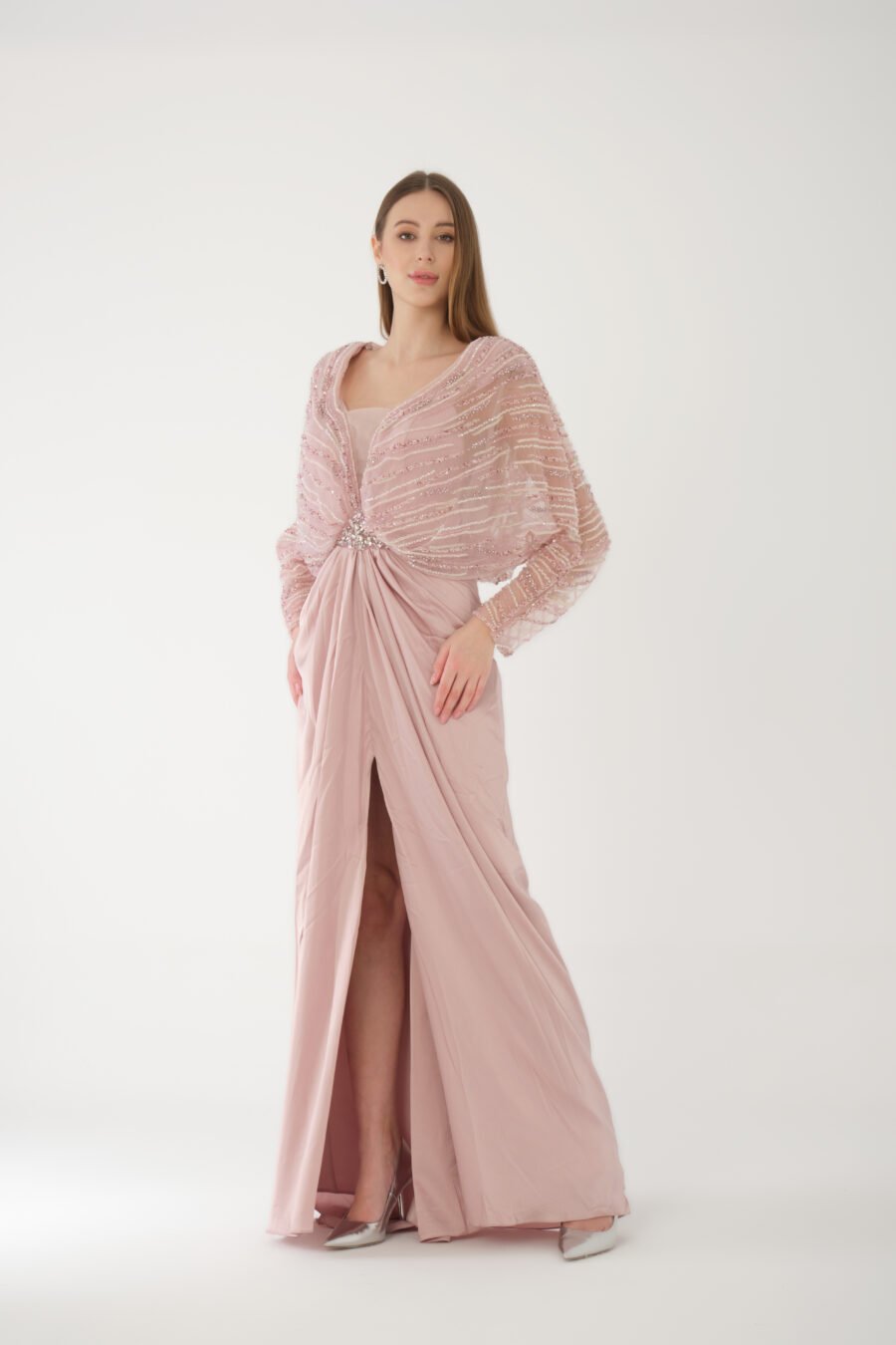 Batwing Sleeve High Knee Embellished Slit Long Dress - Image 15