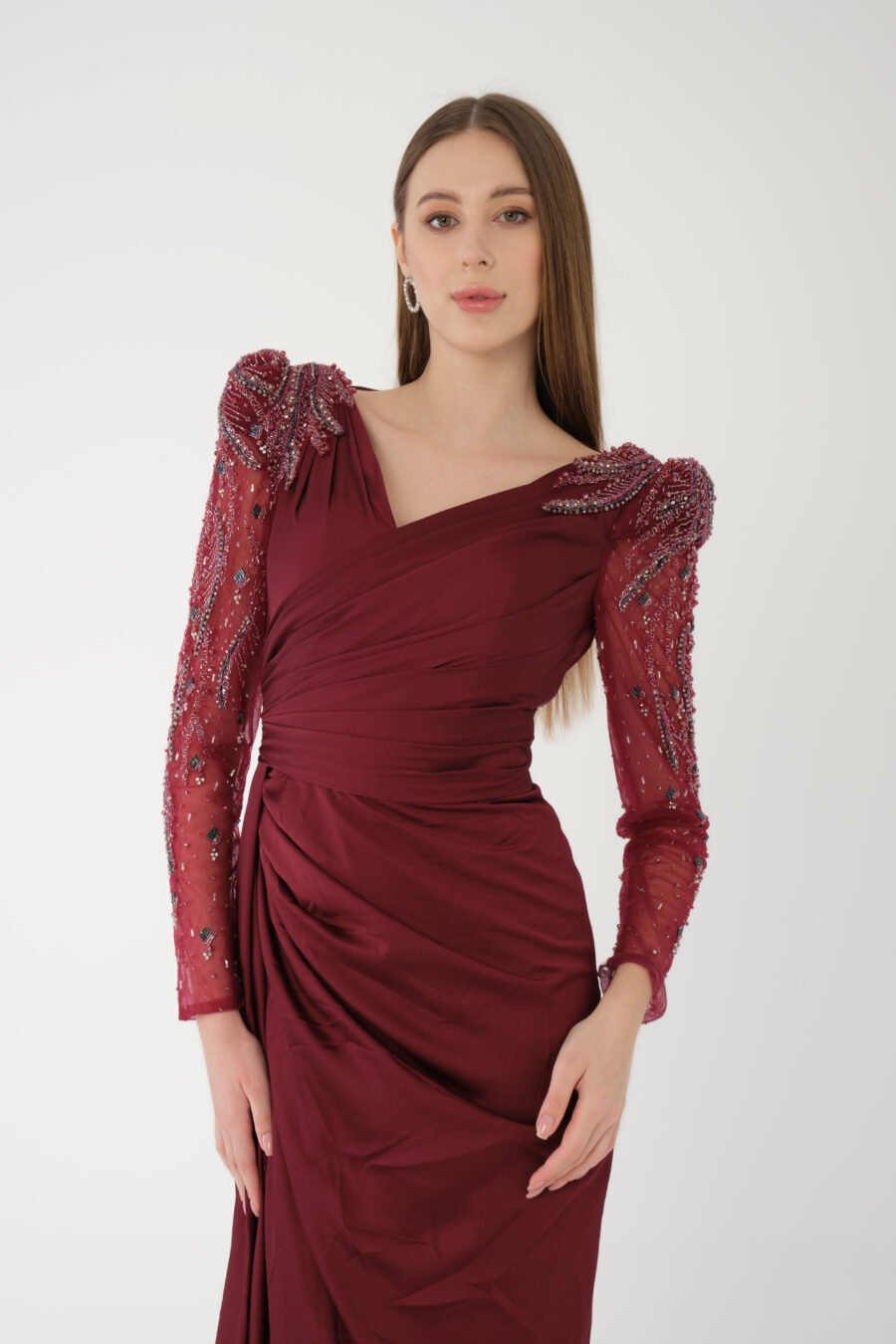V Neck Embroidered Transparent Sleeve High Knee Back Detailed Draped Long Dress - Image 5