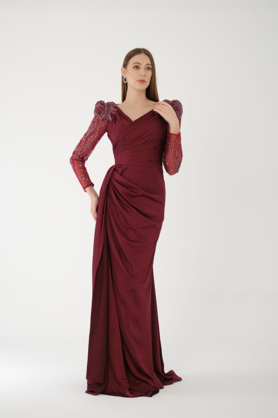 V Neck Embroidered Transparent Sleeve High Knee Back Detailed Draped Long Dress - Image 7