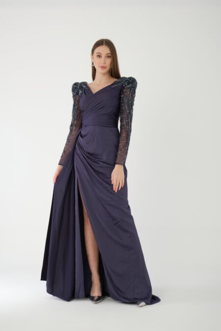 V Neck Embroidered Transparent Sleeve High Knee Back Detailed Draped Long Dress