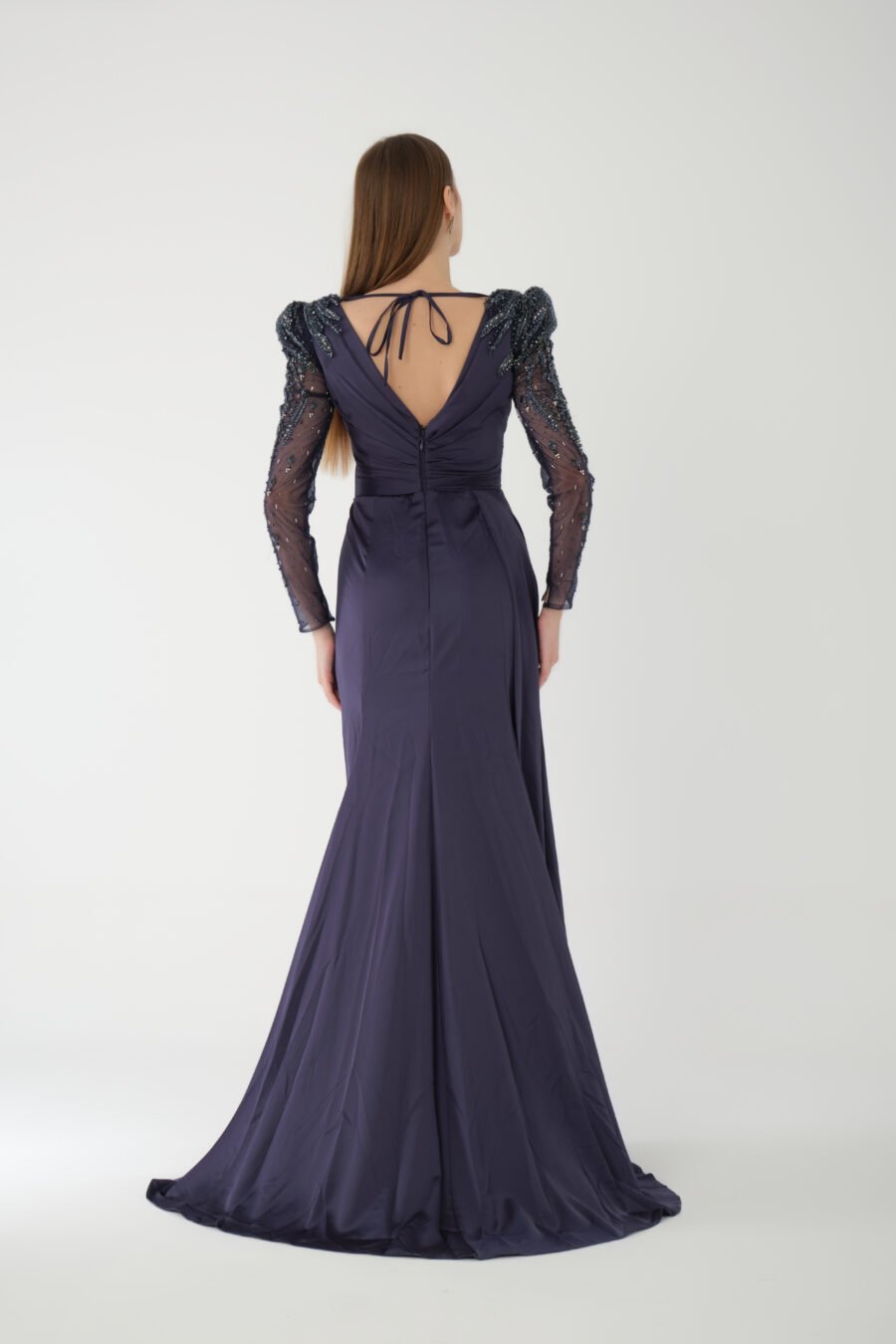 V Neck Embroidered Transparent Sleeve High Knee Back Detailed Draped Long Dress - Image 4