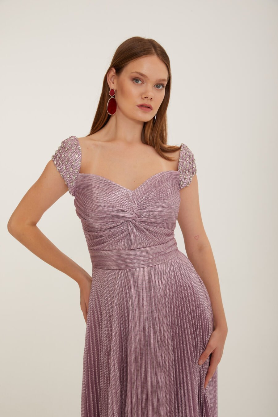 Shimmer Pleated Cap Sleeve Evening Gown - Image 9