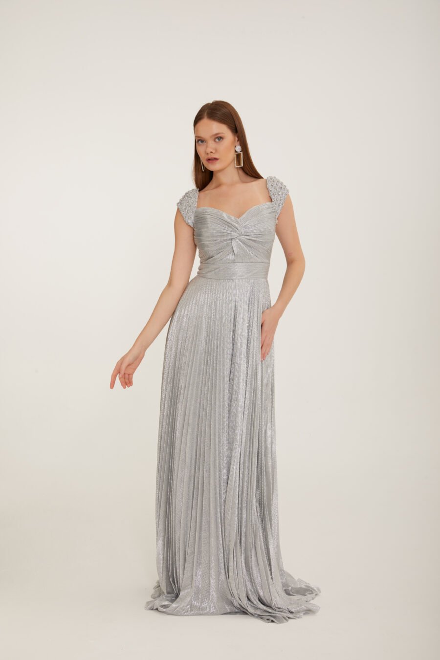 Shimmer Pleated Cap Sleeve Evening Gown - Image 4
