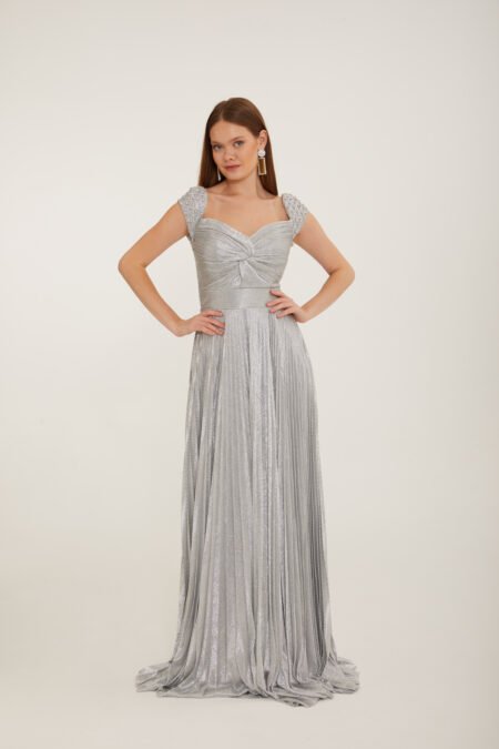 Shimmer Pleated Cap Sleeve Evening Gown