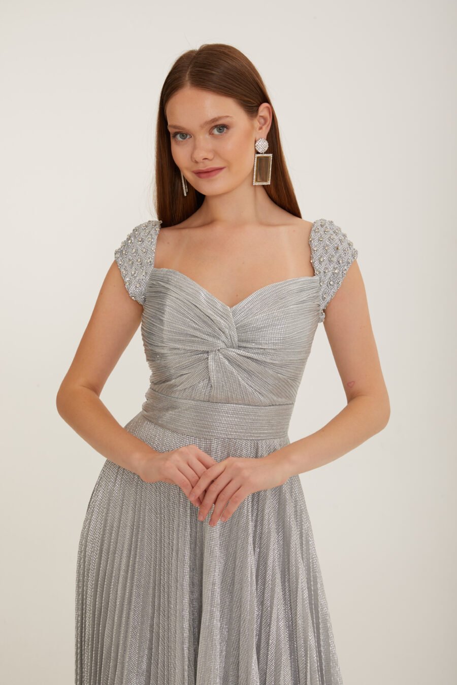 Shimmer Pleated Cap Sleeve Evening Gown - Image 2