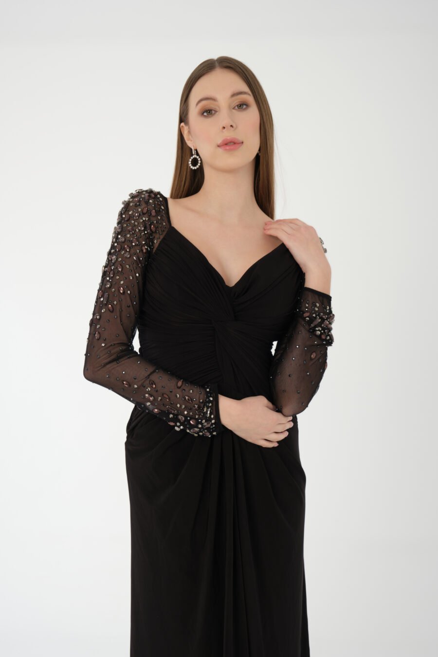 Semi Sweetheart Embroidered Transparent Sleeve Back Detailed Draped Long Dress - Image 9