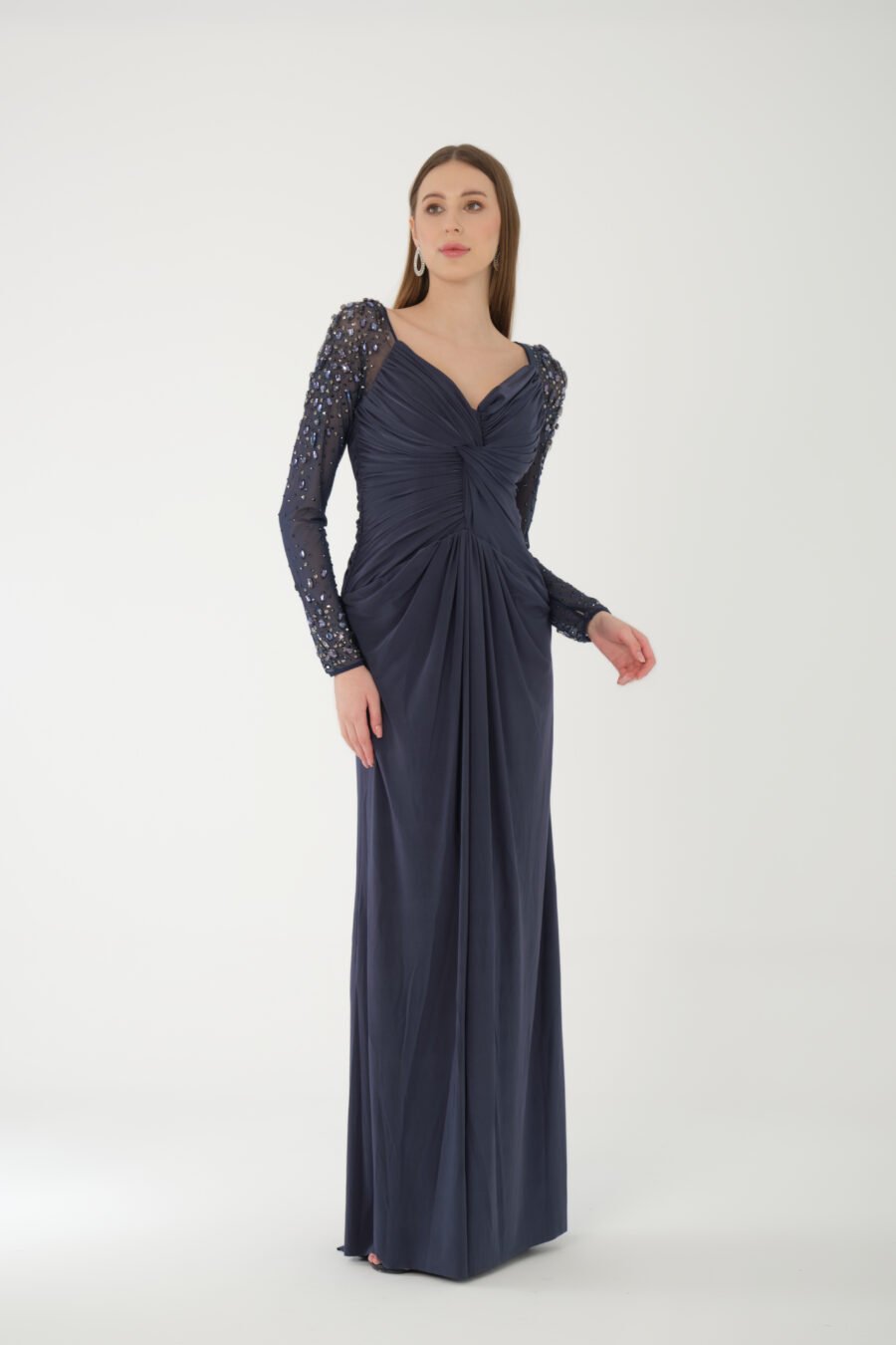 Semi Sweetheart Embroidered Transparent Sleeve Back Detailed Draped Long Dress - Image 6