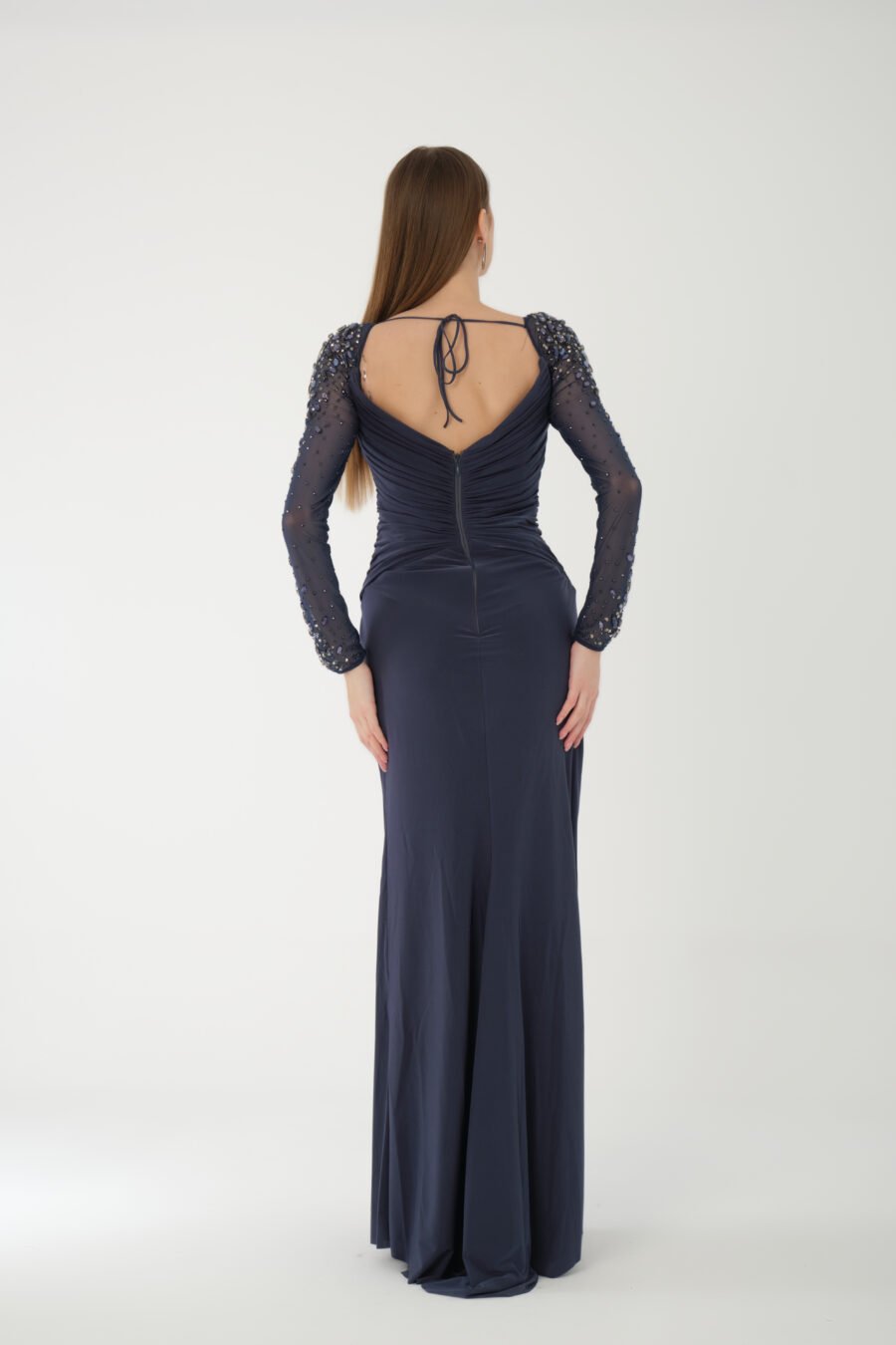 Semi Sweetheart Embroidered Transparent Sleeve Back Detailed Draped Long Dress - Image 8