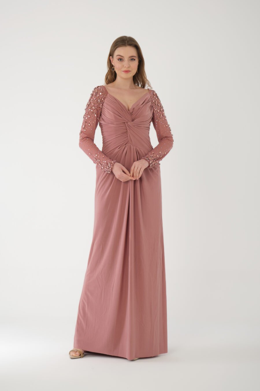 Semi Sweetheart Embroidered Transparent Sleeve Back Detailed Draped Long Dress