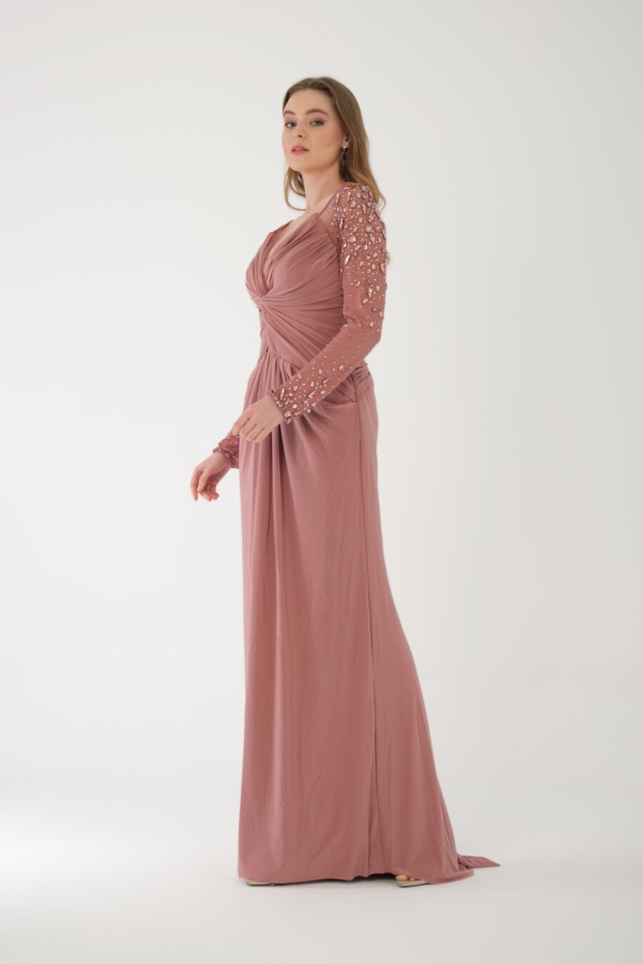 Semi Sweetheart Embroidered Transparent Sleeve Back Detailed Draped Long Dress - Image 3