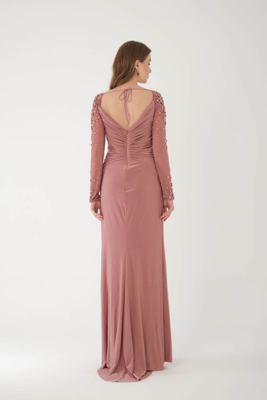 Semi Sweetheart Embroidered Transparent Sleeve Back Detailed Draped Long Dress - Image 4