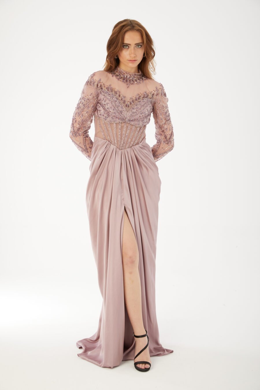 Beaded High Neck Evening Gown High Knee with Slit Evening Dress