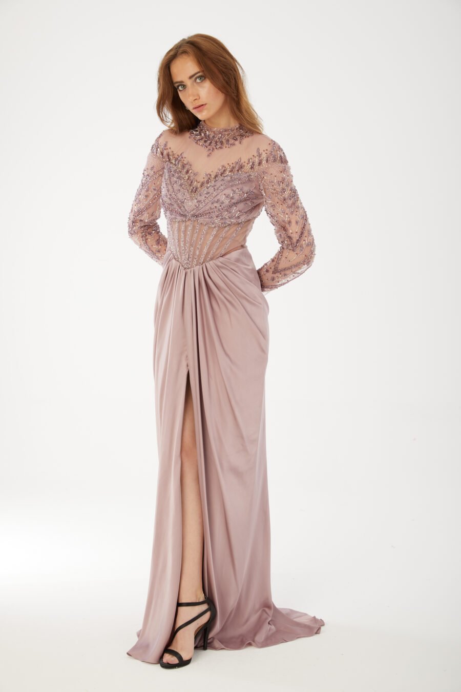 Beaded High Neck Evening Gown High Knee with Slit Evening Dress - Image 4
