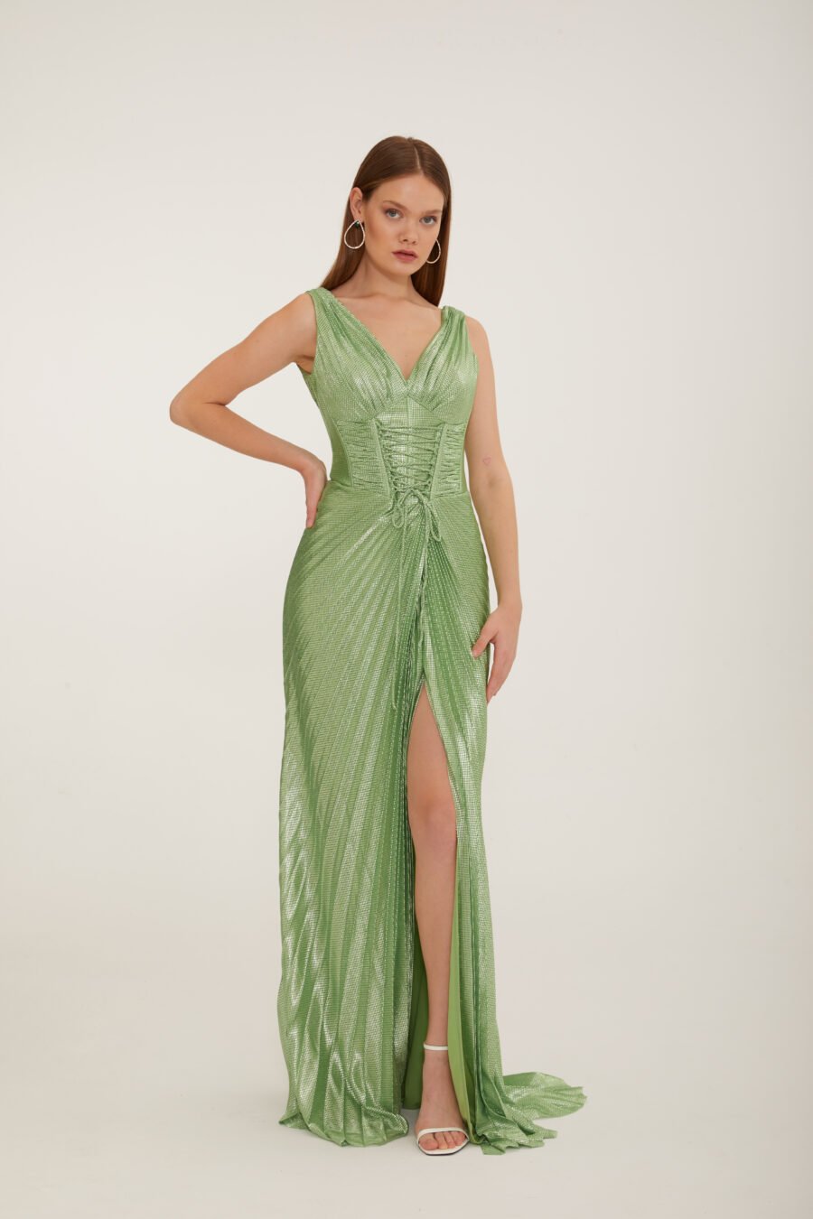 Shimmer V Neck High Knee Corset Slit Evening Gown - Image 3