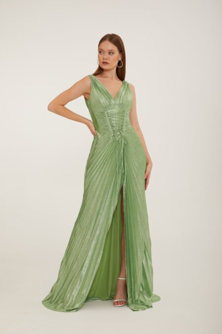 Shimmer V Neck High Knee Corset Slit Evening Gown