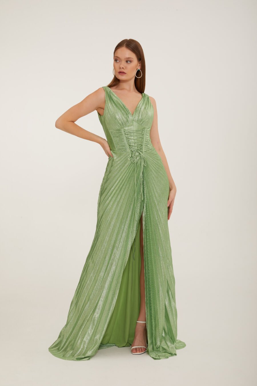 Shimmer V Neck High Knee Corset Slit Evening Gown