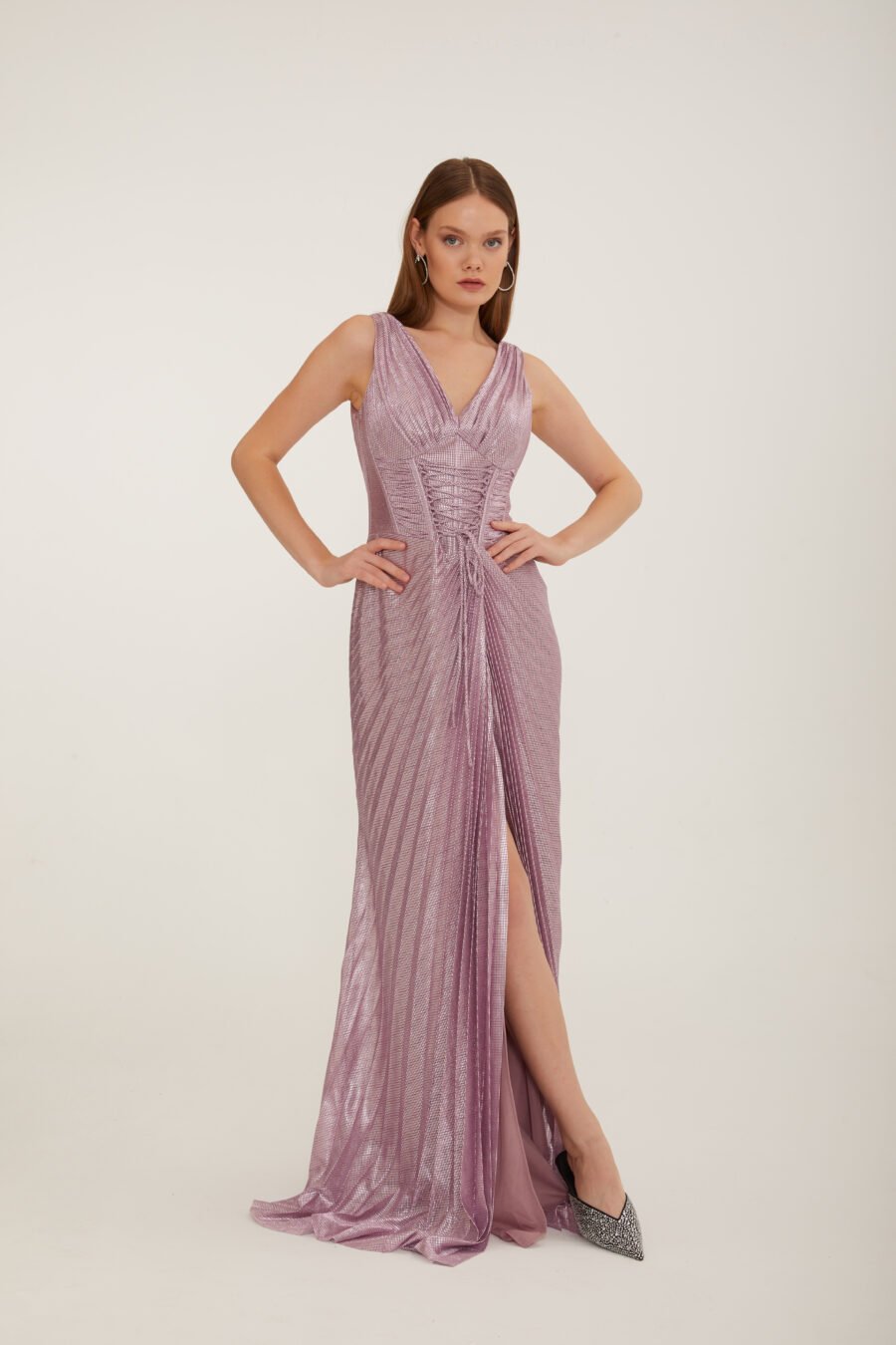 Shimmer V Neck High Knee Corset Slit Evening Gown - Image 6