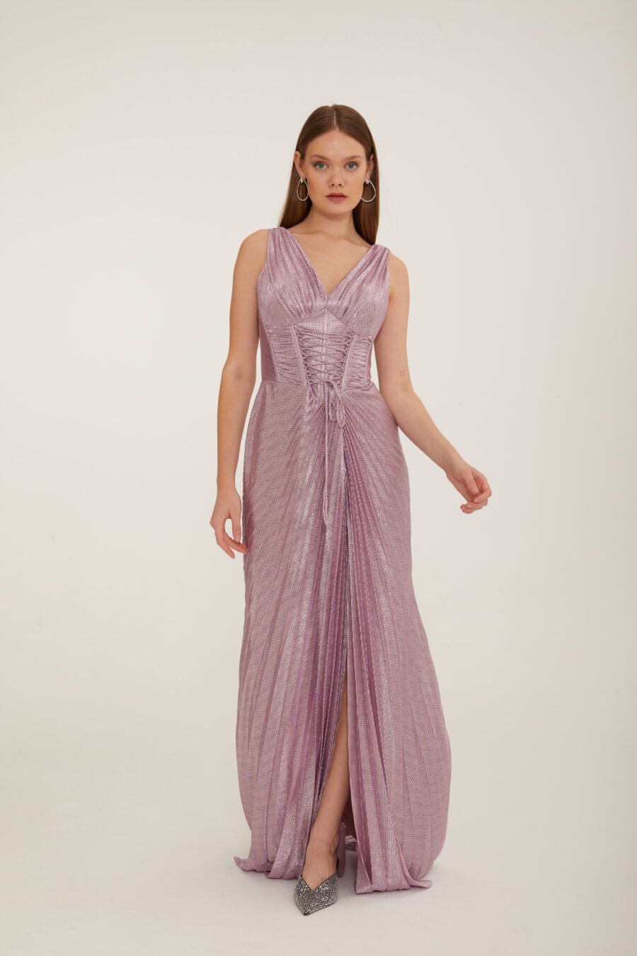 Shimmer V Neck High Knee Corset Slit Evening Gown - Image 7