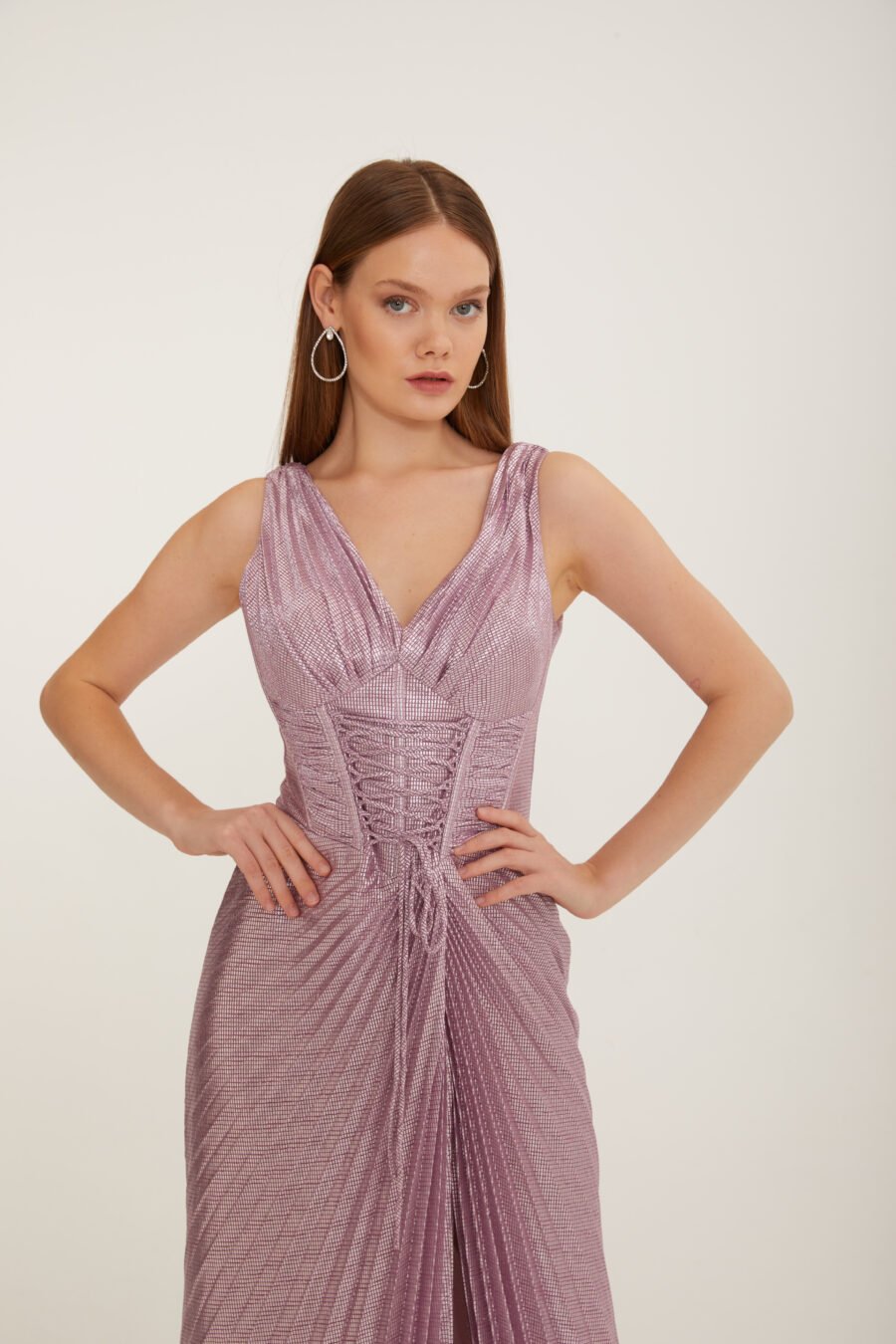 Shimmer V Neck High Knee Corset Slit Evening Gown - Image 8