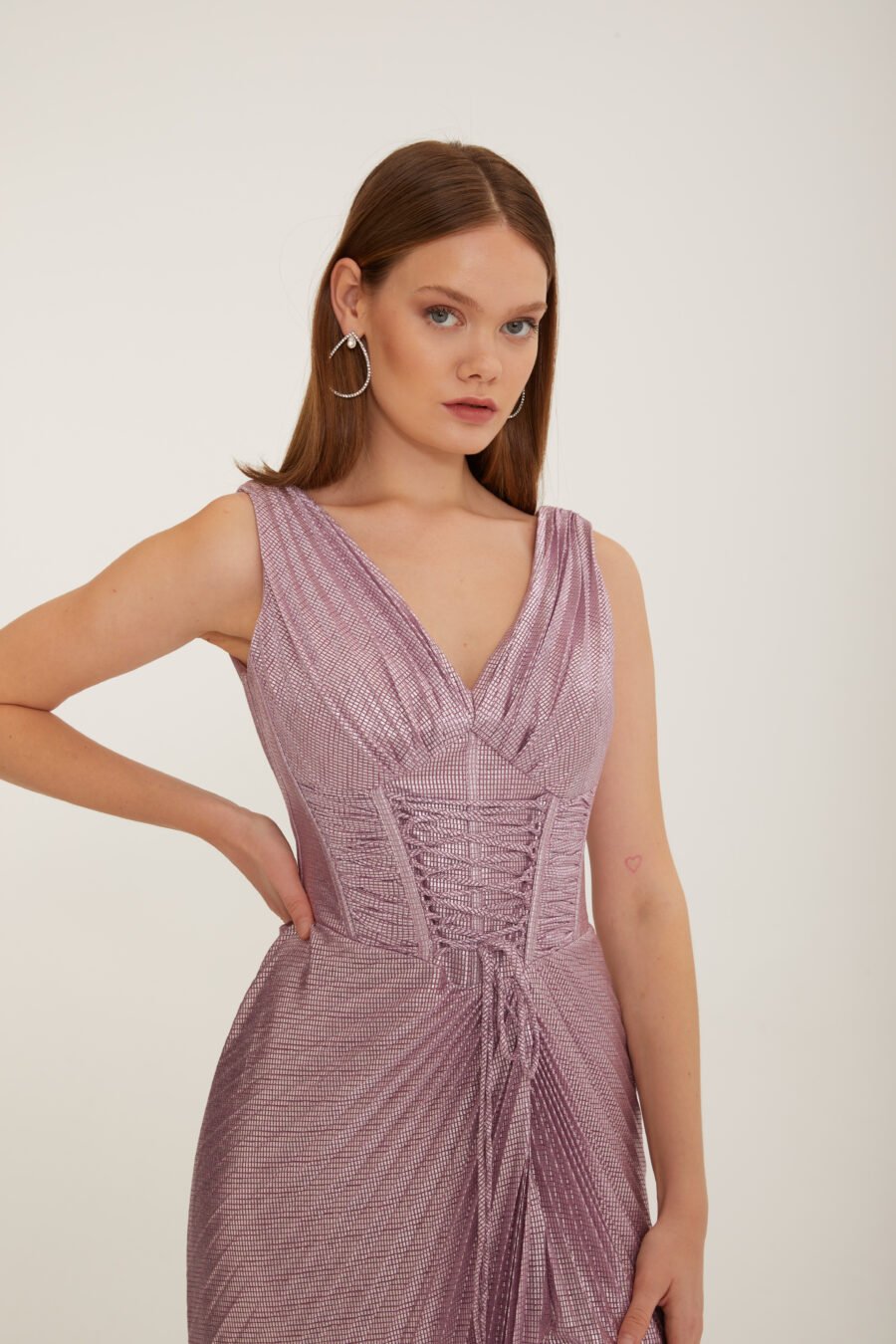 Shimmer V Neck High Knee Corset Slit Evening Gown - Image 9