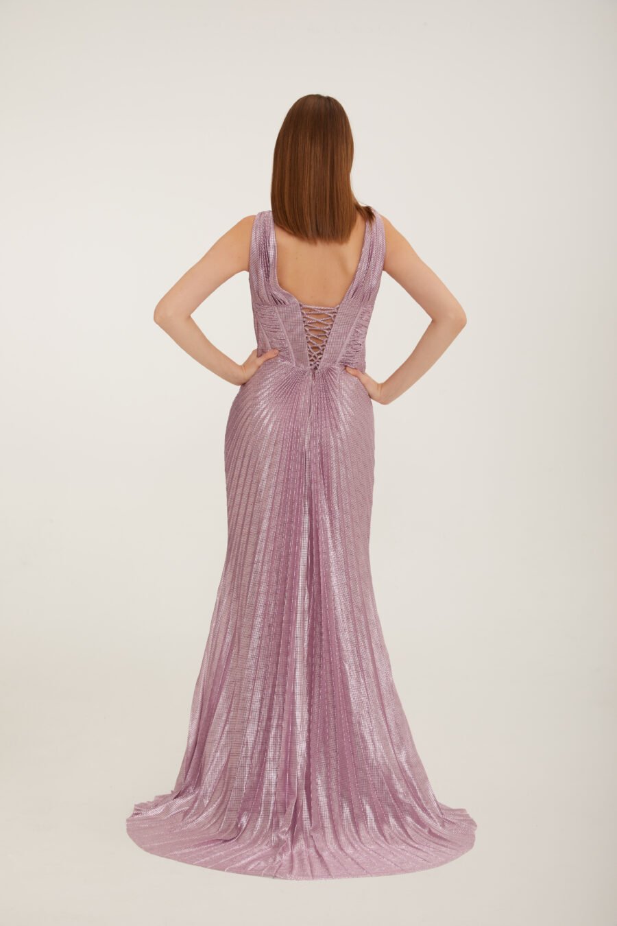 Shimmer V Neck High Knee Corset Slit Evening Gown - Image 10