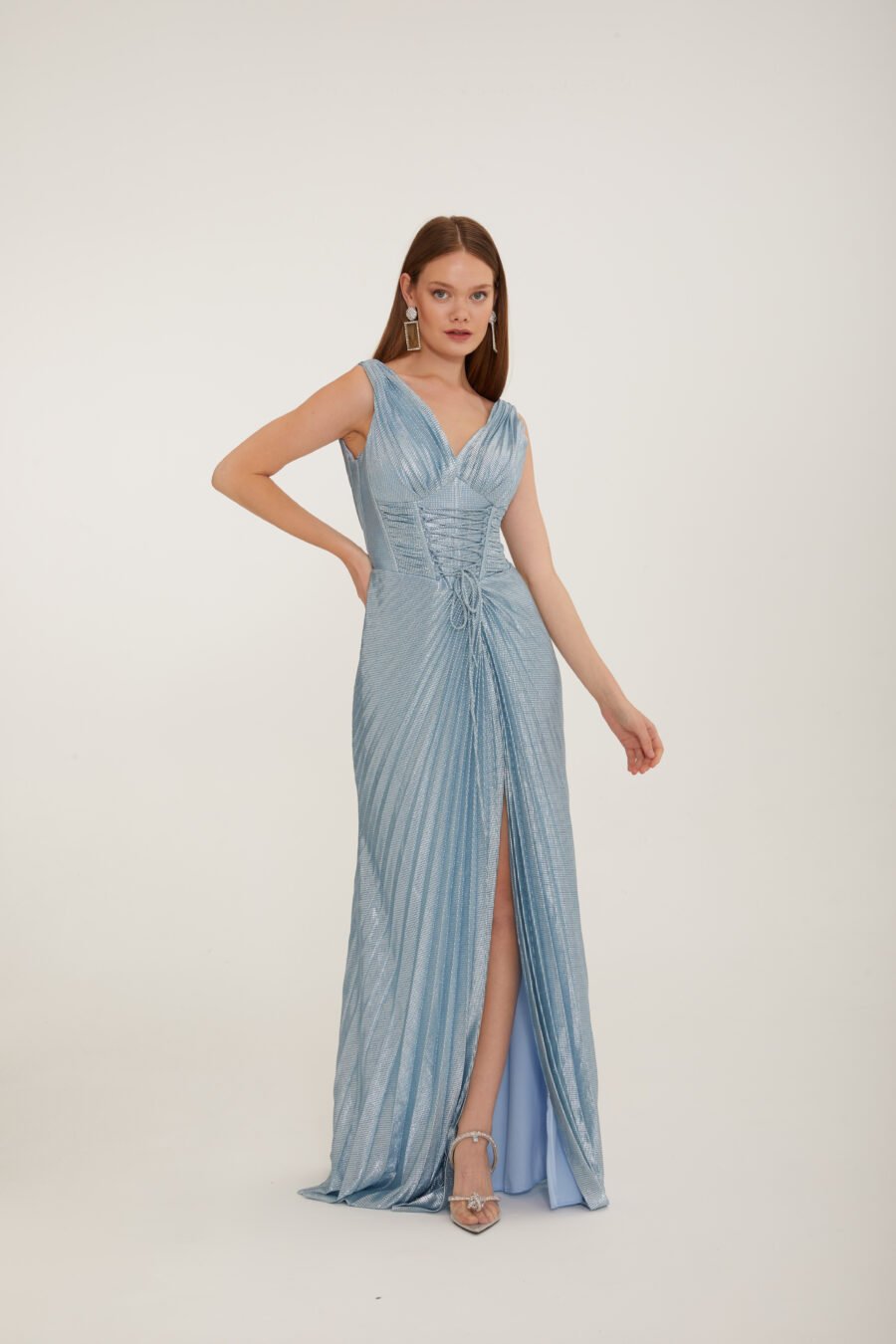 Shimmer V Neck High Knee Corset Slit Evening Gown - Image 11