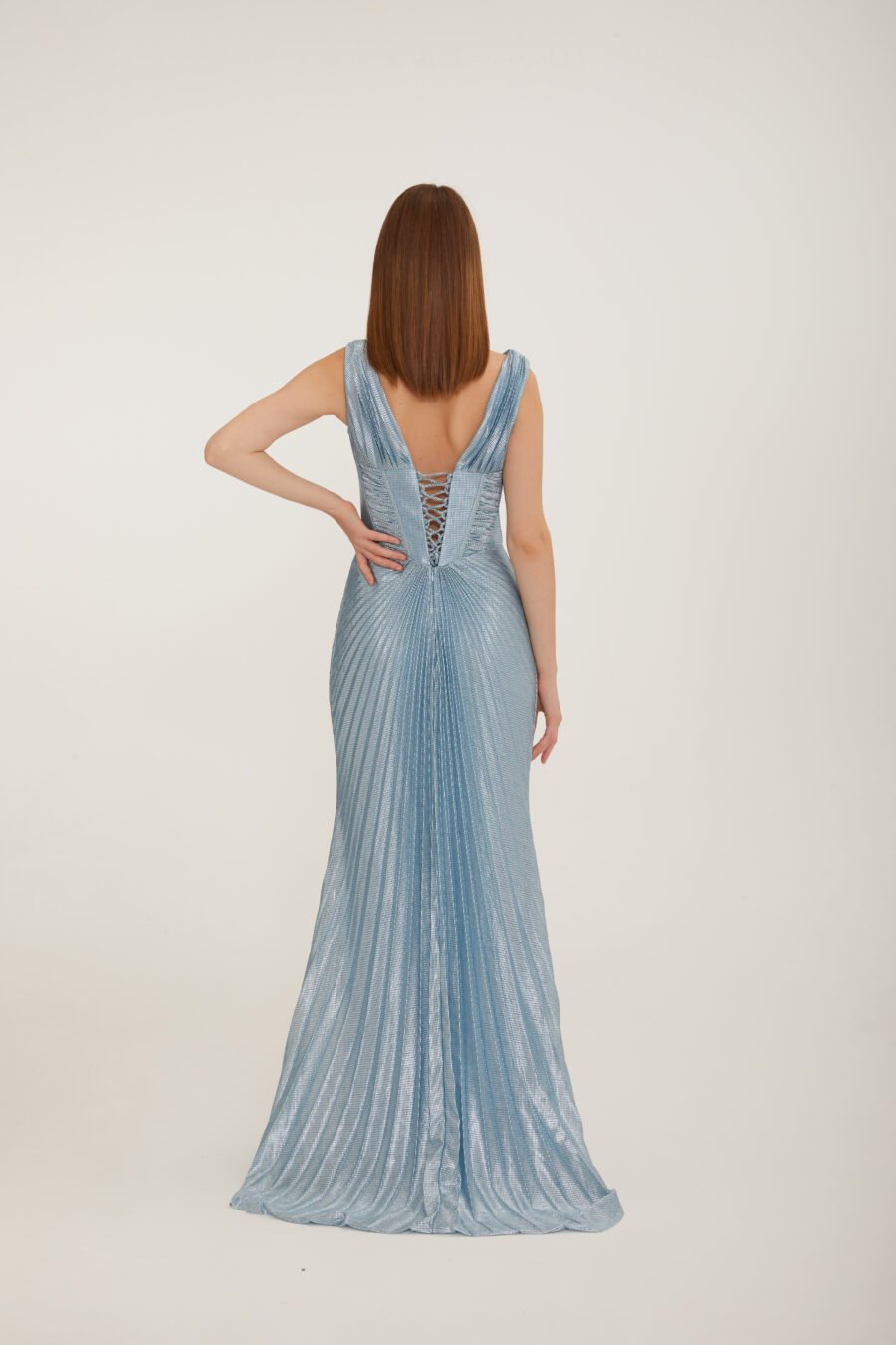 Shimmer V Neck High Knee Corset Slit Evening Gown - Image 15