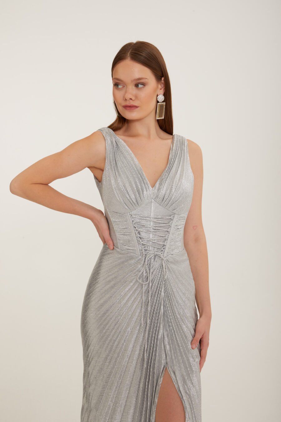 Shimmer V Neck High Knee Corset Slit Evening Gown - Image 17