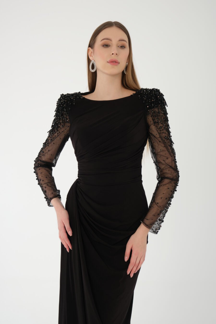 Jewel Neck Long Sleeve Evening Dress - Image 2