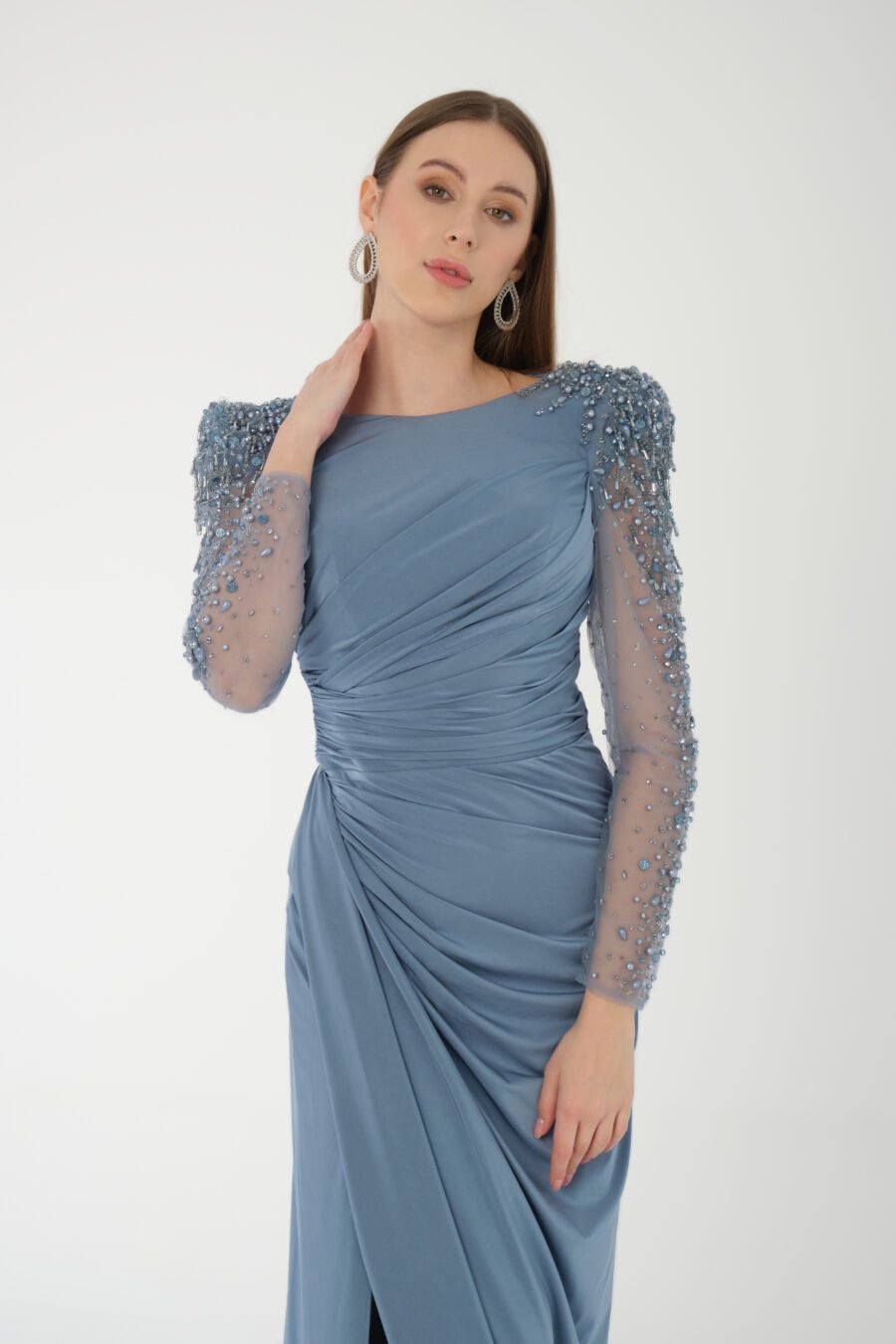 Jewel Neck Long Sleeve Evening Dress - Image 5