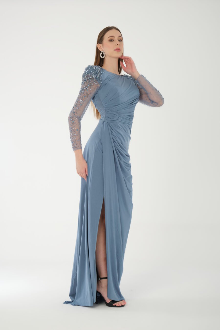 Jewel Neck Long Sleeve Evening Dress - Image 7