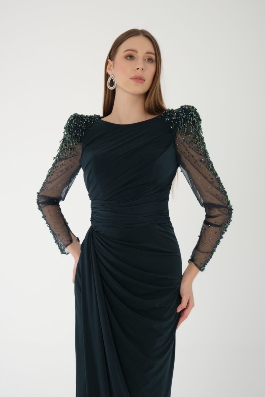 Jewel Neck Long Sleeve Evening Dress - Image 9