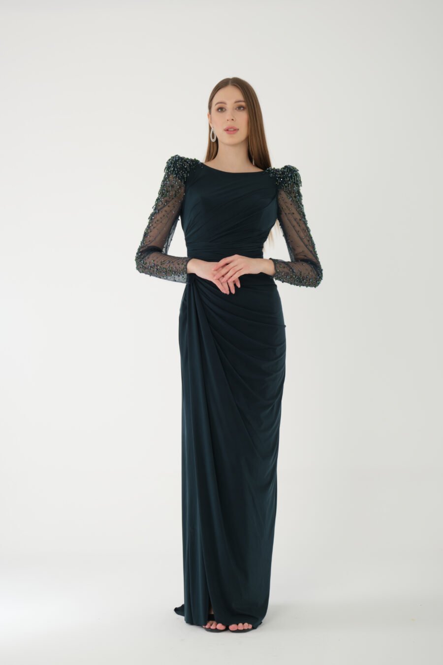 Jewel Neck Long Sleeve Evening Dress - Image 10
