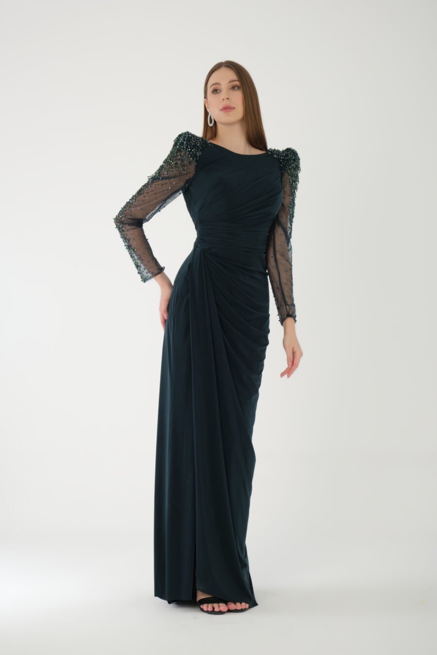 Jewel Neck Long Sleeve Evening Dress - Image 11