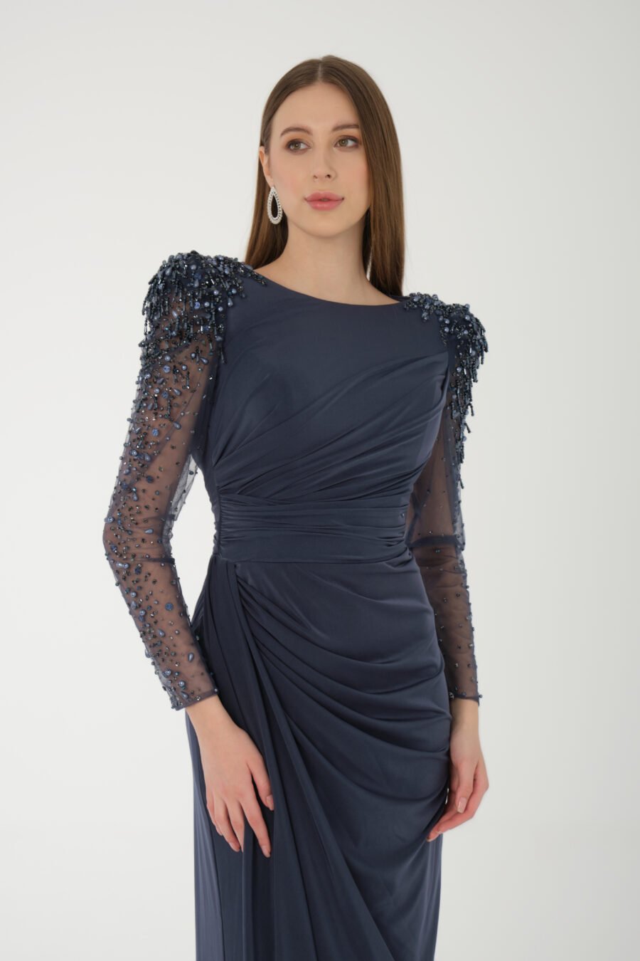 Jewel Neck Long Sleeve Evening Dress - Image 13
