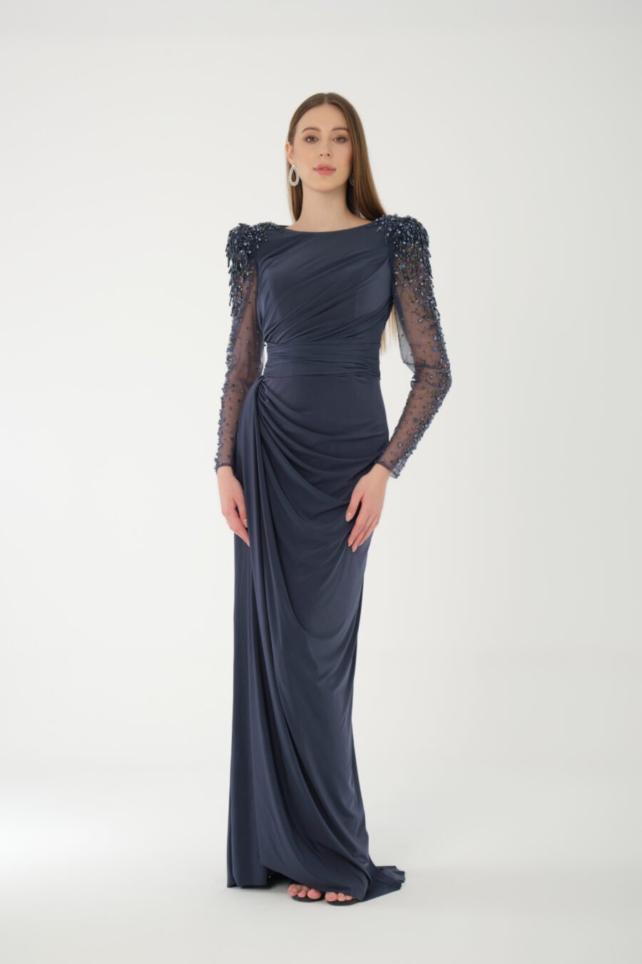 Jewel Neck Long Sleeve Evening Dress - Image 14