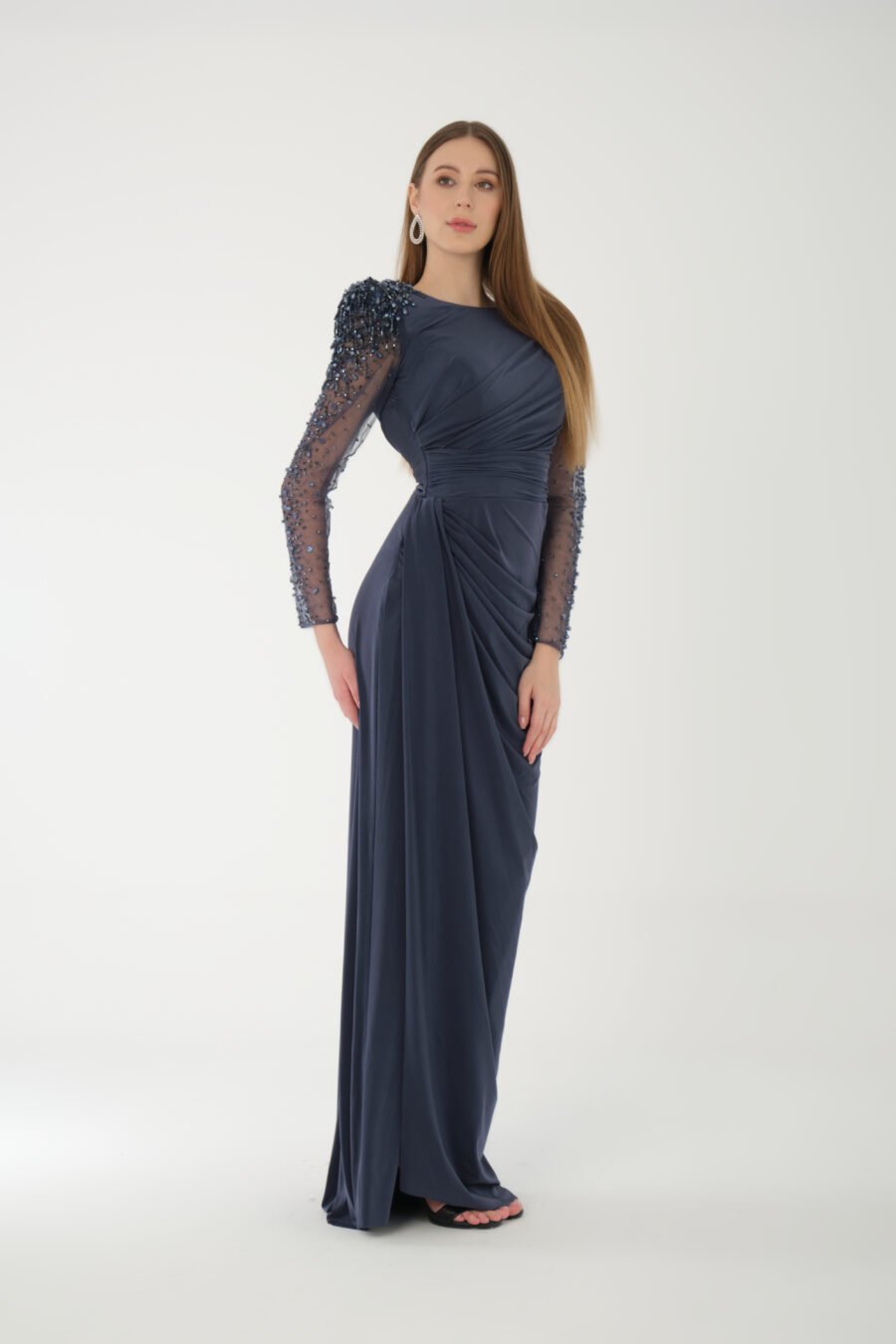 Jewel Neck Long Sleeve Evening Dress - Image 15